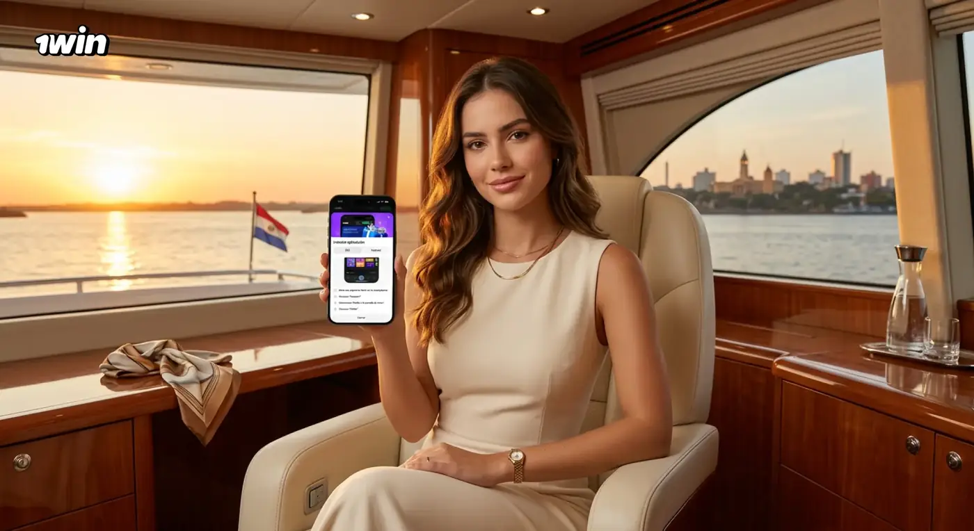 Mujer en un yate al atardecer muestra la app de 1win en su celular con la bandera de Paraguay