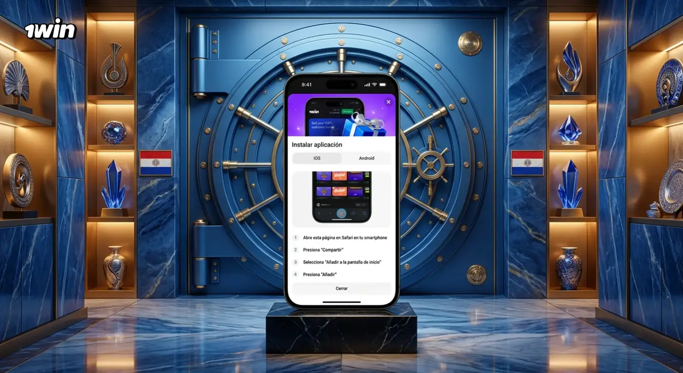 Celular con la pantalla de instalación de la app de 1win frente a una bóveda azul con banderas de Paraguay