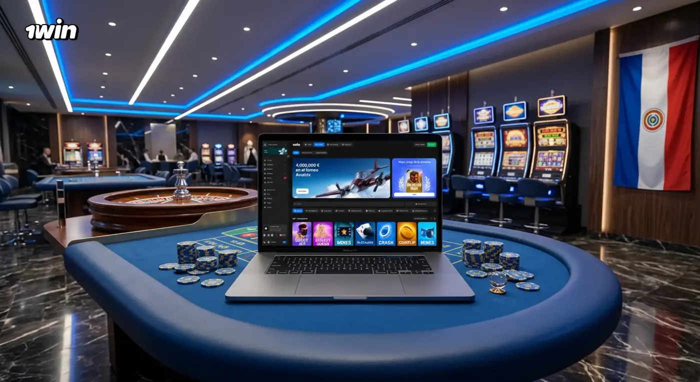 Laptop con el casino de 1win sobre una mesa de juego en una sala con la bandera de Paraguay